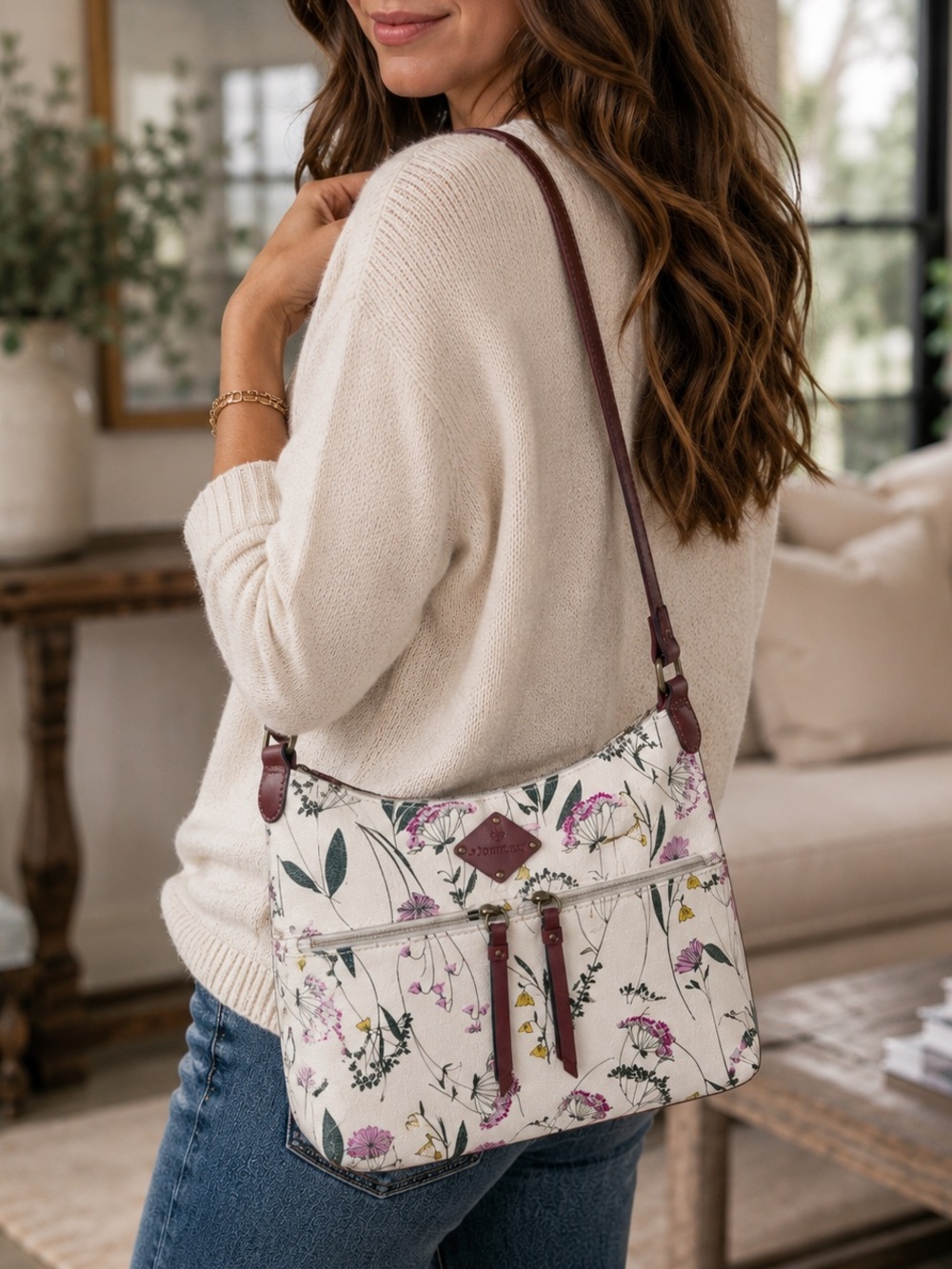 St. John's Bay Floral Shoulder Bag with Braided Brown Strap